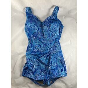 Roxanne Blue Paisley Print Swimsuit Metallic Accents Size 14 Bra 36 D Cup